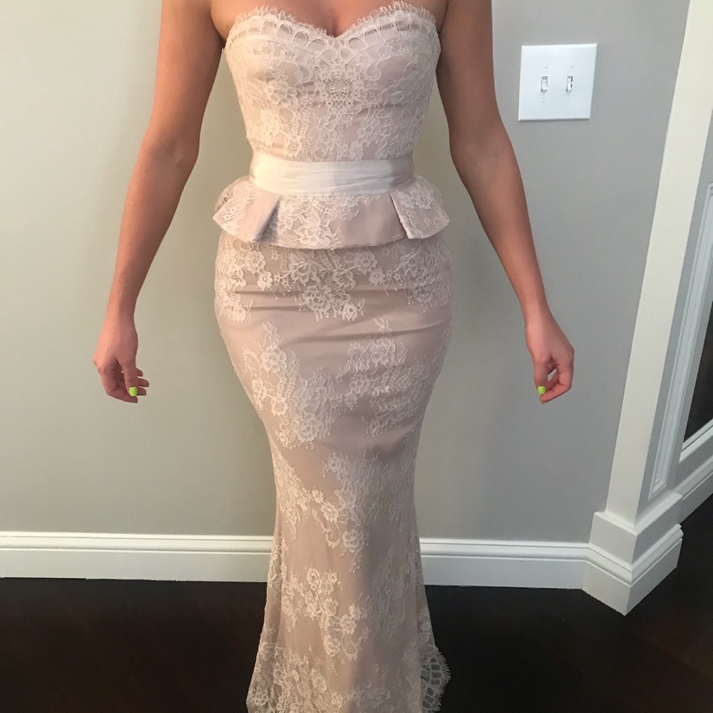 Marchesa Strapless Lace Peplum Mermaid Gown in Blush